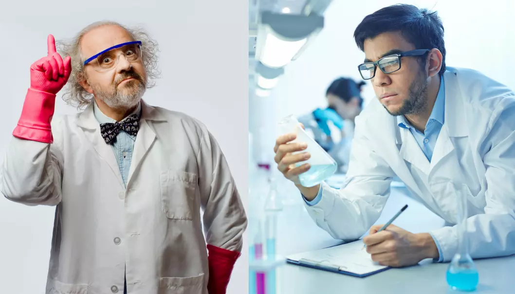 Hvem er den mest troverdige forskeren her? Det er i hvert slik illustrasjonsfotografene ser for seg vitenskapsfolk.  (Foto: Shutterstock/NTB Scanpix/kollasje)