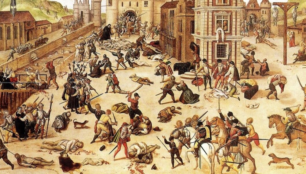 Bartolomeusnatten: Natten til 24. august 1572 begynte katolikkenes massakre på hugenottene i Paris. Den fortsatte i ukene som fulgte, og spredte seg til andre byer. Flere tusen hugenotter ble myrdet, fengslet eller gjort til slaver. (Illustrasjon: François Dubois / Wikipedia) Bartolomeusnatten: Natten til 24. august 1572 begynte katolikkenes massakre på hugenottene i Paris. Den fortsatte i ukene som fulgte, og spredte seg til andre byer. Flere tusen hugenotter ble myrdet, fengslet eller gjort til slaver. (Illustrasjon: François Dubois / Wikipedia)