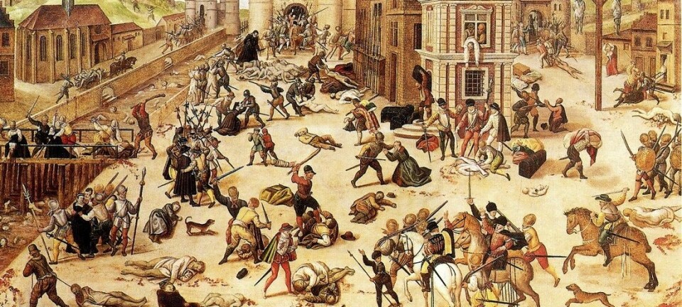 Bartolomeusnatten: Natten til 24. august 1572 begynte katolikkenes massakre på hugenottene i Paris. Den fortsatte i ukene som fulgte, og spredte seg til andre byer. Flere tusen hugenotter ble myrdet, fengslet eller gjort til slaver. (Illustrasjon: François Dubois / Wikipedia)