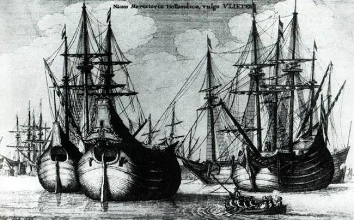 Mange Nederlandske skip var bygget for tømmertransport. (Illustrasjon: Wenceslaus Hollar, 1647)