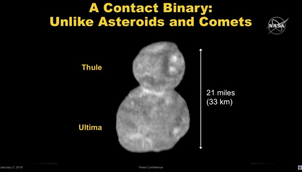 Dette bildet som romsonden New Horizons har sendt hjem til Jorden, viser stein- og isklumpen Ultima Thule. På bildet ser objektet ut som en snømann. (Foto: NASA, AP, NTB scanpix) Dette bildet som romsonden New Horizons har sendt hjem til Jorden, viser stein- og isklumpen Ultima Thule. På bildet ser objektet ut som en snømann. (Foto: NASA, AP, NTB scanpix)