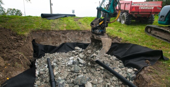 Salamanderhotellet er i praksis en kunstig steinrøys med drenering og varmeisolerende dekke, gravd ned i bakken så de knapt er synlige på overflaten. Bilde viser det første hotellet som ble bygd. (Foto: Børre K. Dervo ©) Salamanderhotellet er i praksis en kunstig steinrøys med drenering og varmeisolerende dekke, gravd ned i bakken så de knapt er synlige på overflaten. Bilde viser det første hotellet som ble bygd. (Foto: Børre K. Dervo ©)