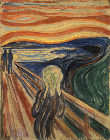 Skremt av skyenes sterke farger? Denne versjonen av Skrik er malt i 1910. (Foto: (Illustrasjon: Edvard Munch / Wikimedia commens)) Skremt av skyenes sterke farger? Denne versjonen av Skrik er malt i 1910. (Foto: (Illustrasjon: Edvard Munch / Wikimedia commens))
