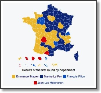 Slik er Frankrike splittet geografisk før annen valgomgang i det franske presidentvalget på søndag. Marine Le Pens Øst-Frankrike (blått) står mot Emmanuel Macron sitt Vest-Frankrike (gult). Andre fylker (farger) ble i første valgomgang vunnet av to andre kandidater. (Foto: (Kart: Mélencron/CC BY-SA 4.0)) Slik er Frankrike splittet geografisk før annen valgomgang i det franske presidentvalget på søndag. Marine Le Pens Øst-Frankrike (blått) står mot Emmanuel Macron sitt Vest-Frankrike (gult). Andre fylker (farger) ble i første valgomgang vunnet av to andre kandidater. (Foto: (Kart: Mélencron/CC BY-SA 4.0))