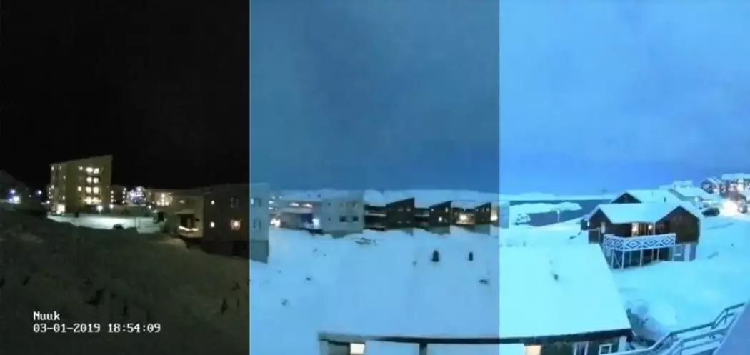 Hele Nuuk ble opplyst i de fem sekundene meteoren brukte på å fly forbi. Det er fortsatt uvisst om den traff bakken. (Foto: Screendump/Gustav Fischer/videnskab.dk)