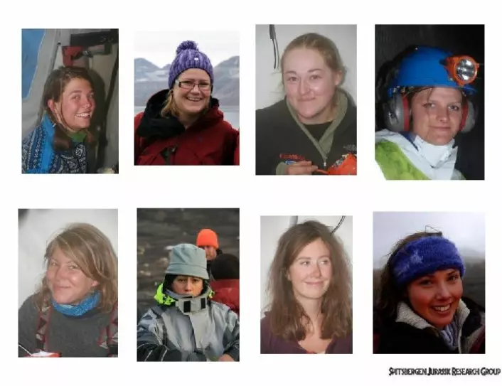 Noen forskergrupper gjør det skarpt på jentefronten. Her er forfatterne av de åtte masteroppgavene om fossiler fra jura på Svalbard. Foto: Spitsbergen Mesozoic Research Group