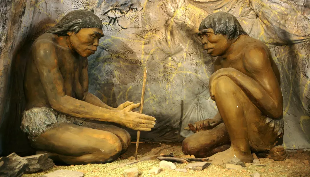 To tidlige mennesker (Homo erectus) gjør opp ild. Disse to sitter nå i det historiske museet i Ulaanbaatar i Mongolia.  (Foto: Nathan McCord, Wikimedia Commons)