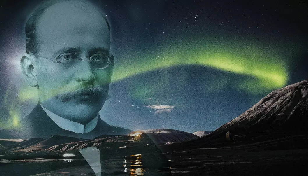 En av de mange oppfinnelsene til nordlysforskeren professor Kristian Birkeland (1867 - 1917) la grunnlaget for Norsk Hydro. (Illustrasjon Hanne Utigard. Nordlysfoto: Yngve Vogt. Birkelandbildet: Ludvig Forbech-MUV /UiO)