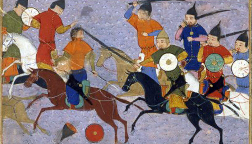 Mongolene sloss mot kinesere i slaget ved Yehuling i 1211. Bildet er fra en historisk arabisk tekst. (Bilde: Sayf al-Vâhidî. Hérât) Mongolene sloss mot kinesere i slaget ved Yehuling i 1211. Bildet er fra en historisk arabisk tekst. (Bilde: Sayf al-Vâhidî. Hérât)