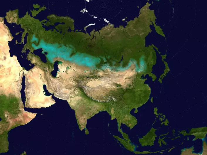 Det blå feltet viser de enorme steppene som strekker seg fra Europa og gjennom nesten hele Asia. (Foto: (Bilde: Offentlig eiendom))