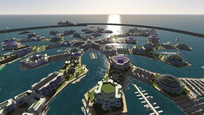 Slik kan hele samfunn bygges på sjøen. (Foto: (Illustrasjon: Seasteading Institute)) Slik kan hele samfunn bygges på sjøen. (Foto: (Illustrasjon: Seasteading Institute))