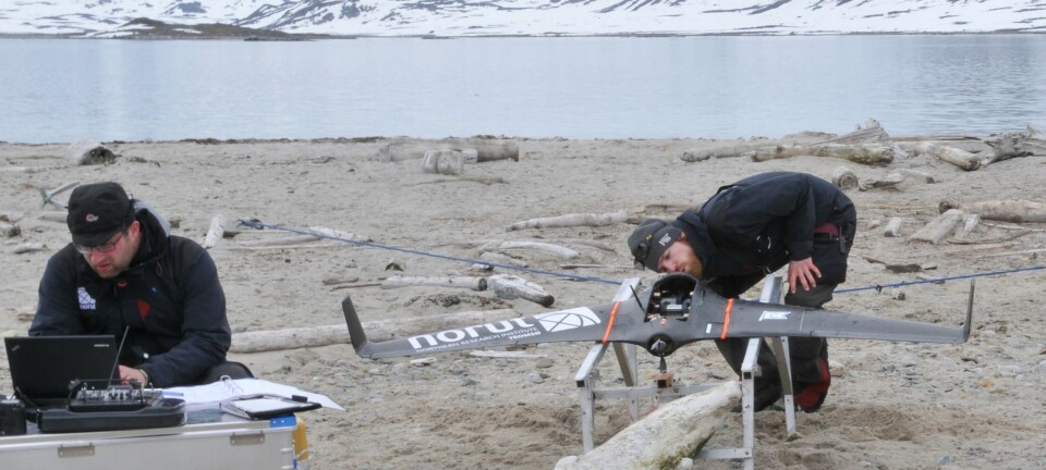 Norut-teamet klargjør dronen for take off. Dronen kan ta ekstremt detaljerte bilder, som gjør det mulig å overvåke selv små detaljer i landskapet.  (Foto: Elin Rose Myrvoll, NIKU)