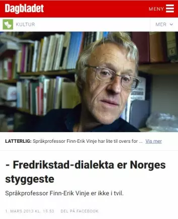 Finn-Erik Vinje kritiserte Fredrikstads Blad for å blande dialekt- og skriftspråk i 2013, da avisa ga ut en spesialutgave på dialekt. (Foto: (Faksimile fra dagbladet.no))