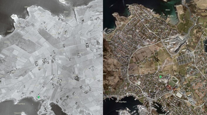 På Hundvåg I Stavanger har det meste av dyrka marka blitt bygget ned etter andre verdenskrig. Her ligger noe av den eldste kulturjorda i landet vårt. Flyfoto 1937 og 2015. (Foto: (Kart: NIBIO)) På Hundvåg I Stavanger har det meste av dyrka marka blitt bygget ned etter andre verdenskrig. Her ligger noe av den eldste kulturjorda i landet vårt. Flyfoto 1937 og 2015. (Foto: (Kart: NIBIO))