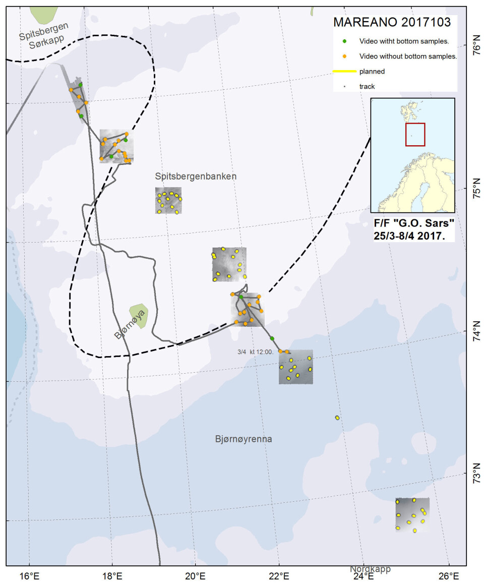 Området vi har undersøkt så langt ligger i Storfjordrenna, og sør og nord på Spitsbergenbanken. Polarfronten er tegnet med stiplet linje. Kurslinjen til G.O. Sars (den uregelmessige linjen) viser hvordan båten har fulgt iskanten rundt de to kartleggingsområdene midt på Spitsbergenbanken.