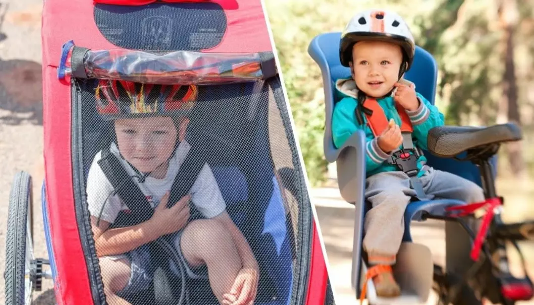 Det er gjort lite forskning på forskjellen mellom barnesete og sykkeltilhenger. – Barn må uansett være spent fast med belte og ha på hjelm, sier TØI-forsker Alena Høye. (Foto: Shutterstock/NTB scanpix. Montasje: Eivind Torgersen)