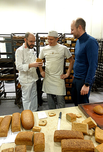 Fra venstre: Nofima-baker André Løvaas, sjefsbaker Torbjørn Kristiansen og daglig leder Kristian Wiik på Tromsø bakeri. (Foto: Anne-May Johansen, Nofima) Fra venstre: Nofima-baker André Løvaas, sjefsbaker Torbjørn Kristiansen og daglig leder Kristian Wiik på Tromsø bakeri. (Foto: Anne-May Johansen, Nofima)