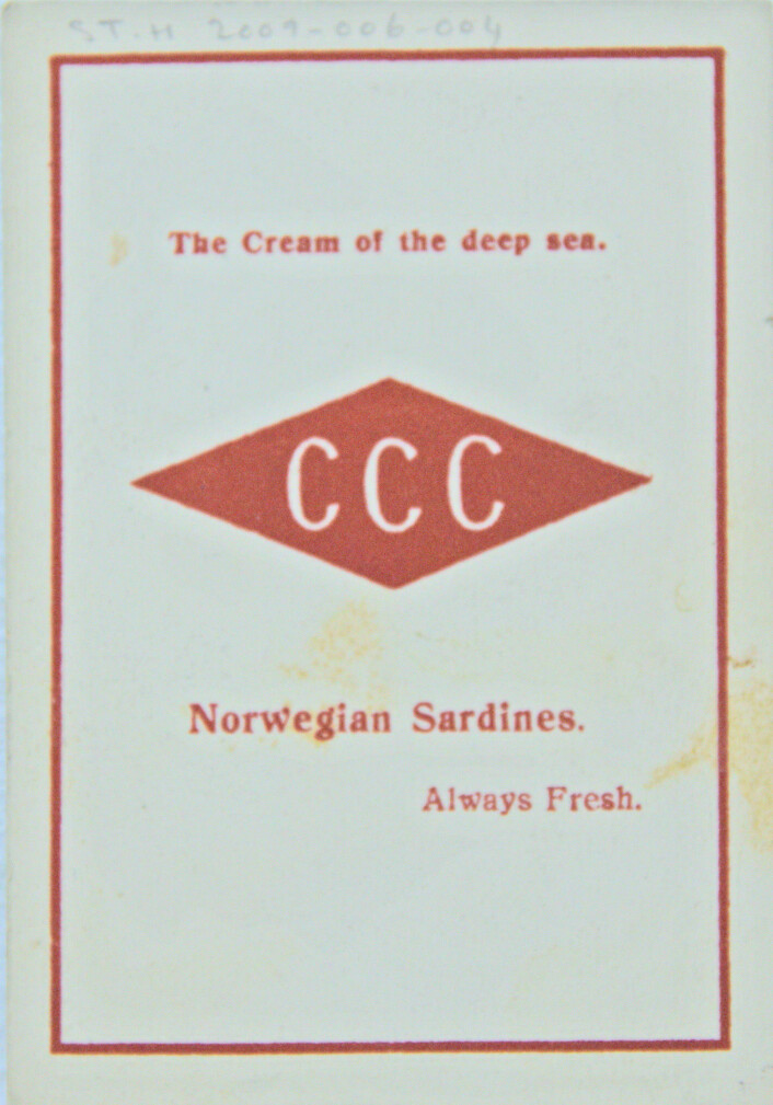 "The cream from the deep sea." Ett av flere slagord brukt av Concord Canning Co. Foto: MUST/ Norsk hermetikkmuseum "The cream from the deep sea." Ett av flere slagord brukt av Concord Canning Co. Foto: MUST/ Norsk hermetikkmuseum