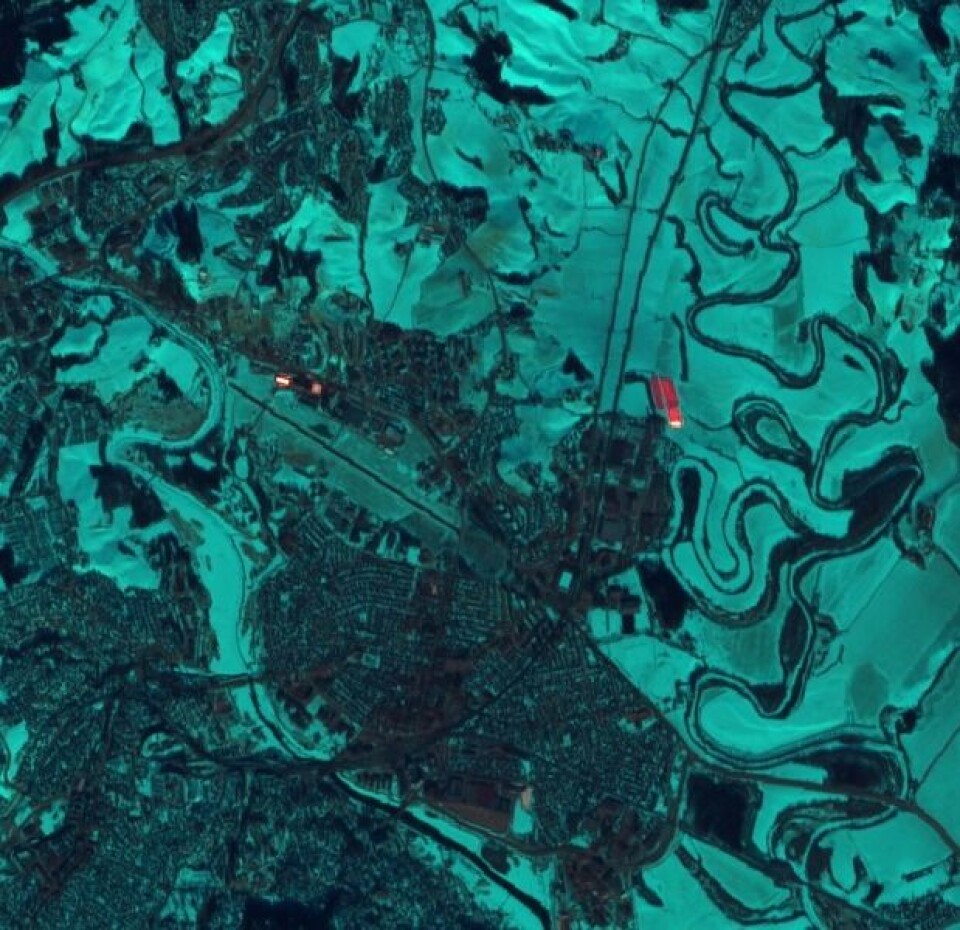 Lillestrøm og Kjeller sett fra Sentinel-2A for et par uker siden, med båndene (12, 4, 2). (Bilde: Copernicus Sentinel data 2017)