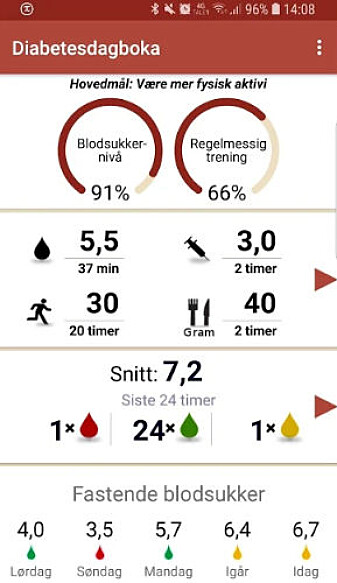 I appen Diabetesdagboka kan brukeren registrere blodsukkermålinger, insulindosering, karbohydratinntak og fysisk aktivitet, som igjen kommer til nytte ved valg av mat og medisinering. (Foto: Skjermdump fra Google Play) I appen Diabetesdagboka kan brukeren registrere blodsukkermålinger, insulindosering, karbohydratinntak og fysisk aktivitet, som igjen kommer til nytte ved valg av mat og medisinering. (Foto: Skjermdump fra Google Play)
