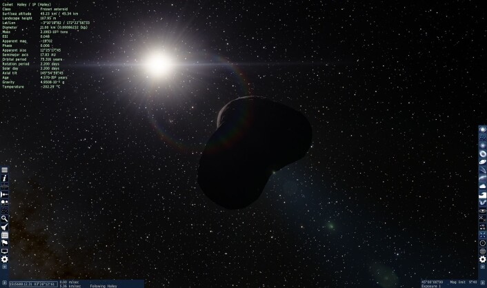 Halleys komet i all sin prakt. (Foto: (Bilde: Space Engine/Skjermdump)) Halleys komet i all sin prakt. (Foto: (Bilde: Space Engine/Skjermdump))