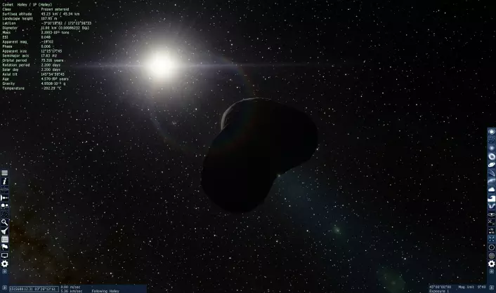 Halleys komet i all sin prakt. (Foto: (Bilde: Space Engine/Skjermdump))