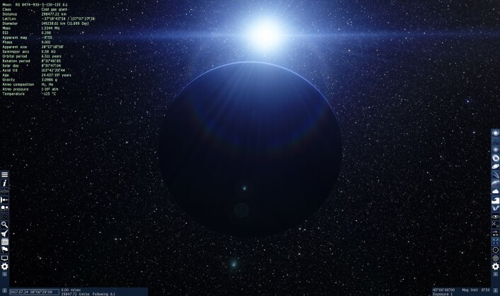 Gasskjempen jeg begynte ved, med stjernen bak. (Foto: (Bilde: Space Engine/Skjermdump)) Gasskjempen jeg begynte ved, med stjernen bak. (Foto: (Bilde: Space Engine/Skjermdump))