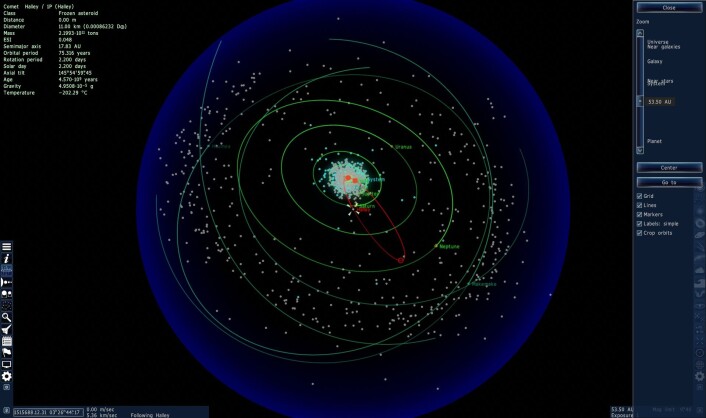Her er Halleys komet sin bane i solsystemet. (Foto: (Bilde: Space Engine/Skjermdump)) Her er Halleys komet sin bane i solsystemet. (Foto: (Bilde: Space Engine/Skjermdump))