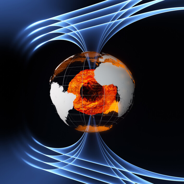 Jordas magnetfelt dannes i hovedsak av flytende jern 3000 km under bakken, i den flytende delen av jordas kjerne. (Foto: ESA/AOES Medialab) Jordas magnetfelt dannes i hovedsak av flytende jern 3000 km under bakken, i den flytende delen av jordas kjerne. (Foto: ESA/AOES Medialab)