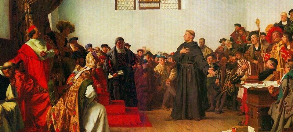 Martin Luther nekter å tilbakekalle sine skrifter i Worms 18. april 1521. Dagen etter erklærte keiseren ham for å være en kjetter. (Maleri: Anton von Werner)