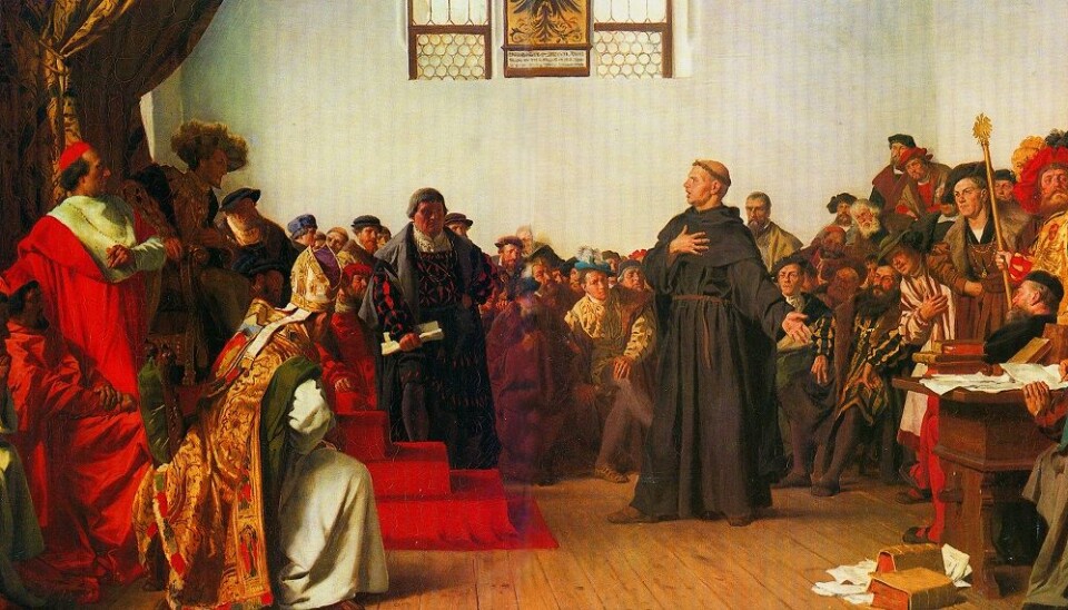 Martin Luther nekter å tilbakekalle sine skrifter i Worms 18. april 1521. Dagen etter erklærte keiseren ham for å være en kjetter. (Maleri: Anton von Werner)