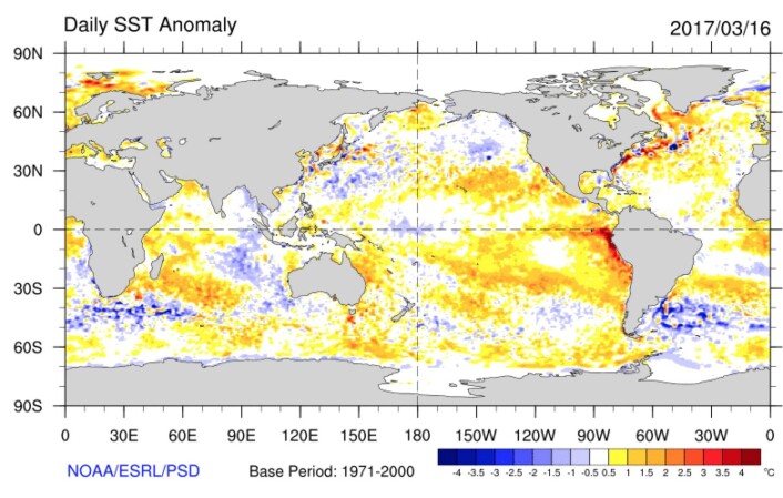 Veldig varmt i havoverflaten utenfor Peru nå. (Bilde: NOAA) Veldig varmt i havoverflaten utenfor Peru nå. (Bilde: NOAA)