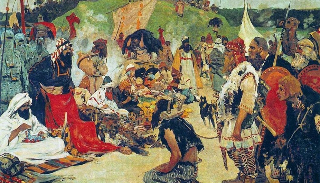 Vikingenes handelsplasser har summet av fremmedspråk, for allerede i viktigtiden var det stor internasjonal kontakt over lange avstander, sier arkeolog Ernst Stidsing. (Illustrasjon: S. Ivanov/Wikimedia Commons) Vikingenes handelsplasser har summet av fremmedspråk, for allerede i viktigtiden var det stor internasjonal kontakt over lange avstander, sier arkeolog Ernst Stidsing. (Illustrasjon: S. Ivanov/Wikimedia Commons)