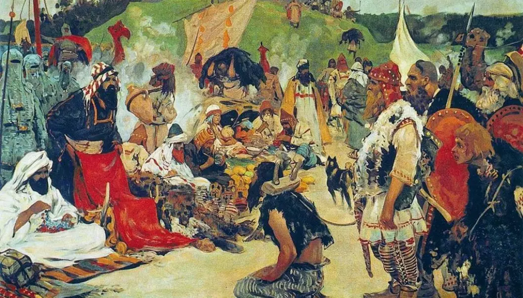 Vikingenes handelsplasser har summet av fremmedspråk, for allerede i viktigtiden var det stor internasjonal kontakt over lange avstander, sier arkeolog Ernst Stidsing.  (Illustrasjon: S. Ivanov/Wikimedia Commons)