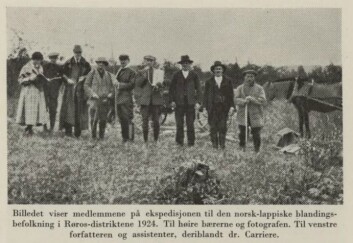 Norske raseforskere på ekspedisjon i Røros-området på 1920-tallet. Ekspedisjonen var ledet av Jon Alfred Mjøen (1860–1939), en av de fremste eksponentene for den rasebiologiske forskningen (eugenikken) i Norge. Han og hans stab foretok skallemålinger bla. a. på sørsamene. Bildet er fra Jon Alfred Mjøens bok 'Rasehygiene' (1938-utgaven). Boka kom ut første gang i 1914. Norske raseforskere på ekspedisjon i Røros-området på 1920-tallet. Ekspedisjonen var ledet av Jon Alfred Mjøen (1860–1939), en av de fremste eksponentene for den rasebiologiske forskningen (eugenikken) i Norge. Han og hans stab foretok skallemålinger bla. a. på sørsamene. Bildet er fra Jon Alfred Mjøens bok 'Rasehygiene' (1938-utgaven). Boka kom ut første gang i 1914.