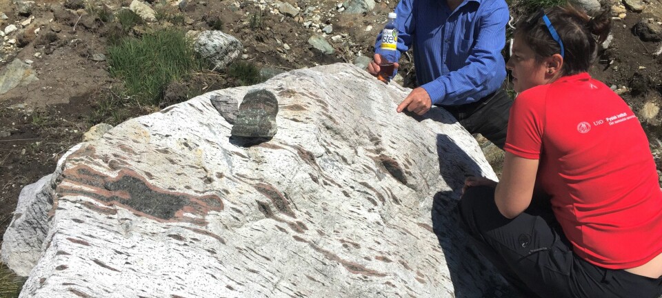 Professor Håkon Austrheim og doktorgradsstipendiat Arianne Petley-Ragan studerer en én milliard år gammel granulitt på Holsnøy utenfor Bergen som en gang var dyp jordskorpe.  (Foto: Bjørn Jamtveit / UiO)