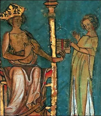 Utsnitt av miniatyrmaleri fra lovskriftet Codex Hardenbergianus, et illuminert håndskrift fra 1300-tallet, som viser kong Magnus Lagabøte som gir fra seg Landsloven 1274–1276. Byloven som ble vedtatt for Bergen i 1276, tok utgangspunkt i denne og Bjarkøyretten, Trondheims gamle bylov.