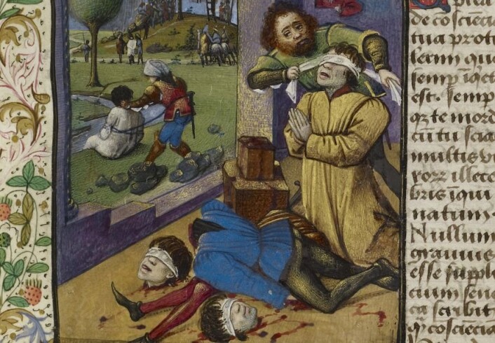 Disse bildene av halshugginger illustrerer en tekst skrevet av Pave Pius II (1405-1464) noen år før han ble pave. I bakgrunnen ser vi også en mann på vei til galgen og en mann som skal druknes. Disse bildene av halshugginger illustrerer en tekst skrevet av Pave Pius II (1405-1464) noen år før han ble pave. I bakgrunnen ser vi også en mann på vei til galgen og en mann som skal druknes.