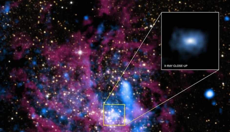 I firkanten ser du Sagittarius A*. Det er et sort hullet midt i galaksen vår, Melkeveien. (Bilde: NASA/UMass/D.Wang et al., IR: NASA/STScI)