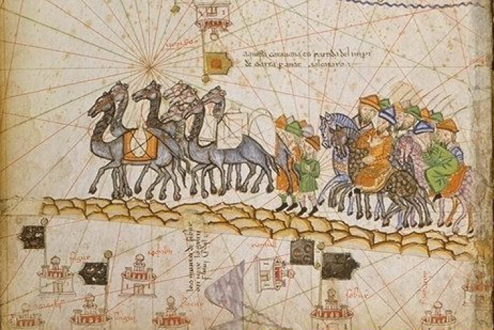 En karavane på Silkeveien, fra det såkalte Katalanske atlaset, laget omkring 1375. (Foto: (Bilde: Offentlig eiendom))