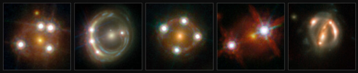 En rekke gravitasjonslinser med kvasarer bak. (Foto: (Bilde: ESA/Hubble, NASA, Suyu et al)) En rekke gravitasjonslinser med kvasarer bak. (Foto: (Bilde: ESA/Hubble, NASA, Suyu et al))