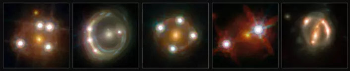 En rekke gravitasjonslinser med kvasarer bak. (Foto: (Bilde: ESA/Hubble, NASA, Suyu et al))