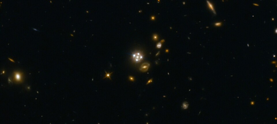 I midten av dette bildet ser du en gravitasjonslinse. (Bilde: ESA/Hubble, NASA, Suyu et al)