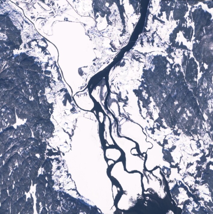 Nordre Øyeren sett fra Sentinel-2A en fin vinterdag (22 feb). (Bilde: Copernicus Sentinel data 2017) Nordre Øyeren sett fra Sentinel-2A en fin vinterdag (22 feb). (Bilde: Copernicus Sentinel data 2017)