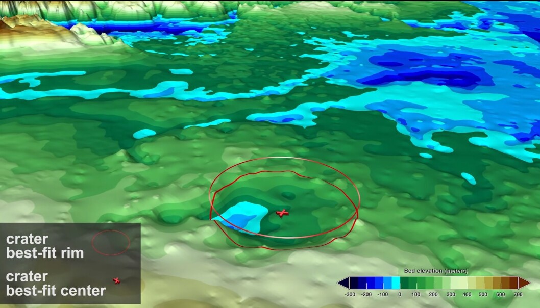 Her kan det se ut som det gjemmer seg et krater på Grønland. (Bilde: NASA/Skjerdmump) Her kan det se ut som det gjemmer seg et krater på Grønland. (Bilde: NASA/Skjerdmump)