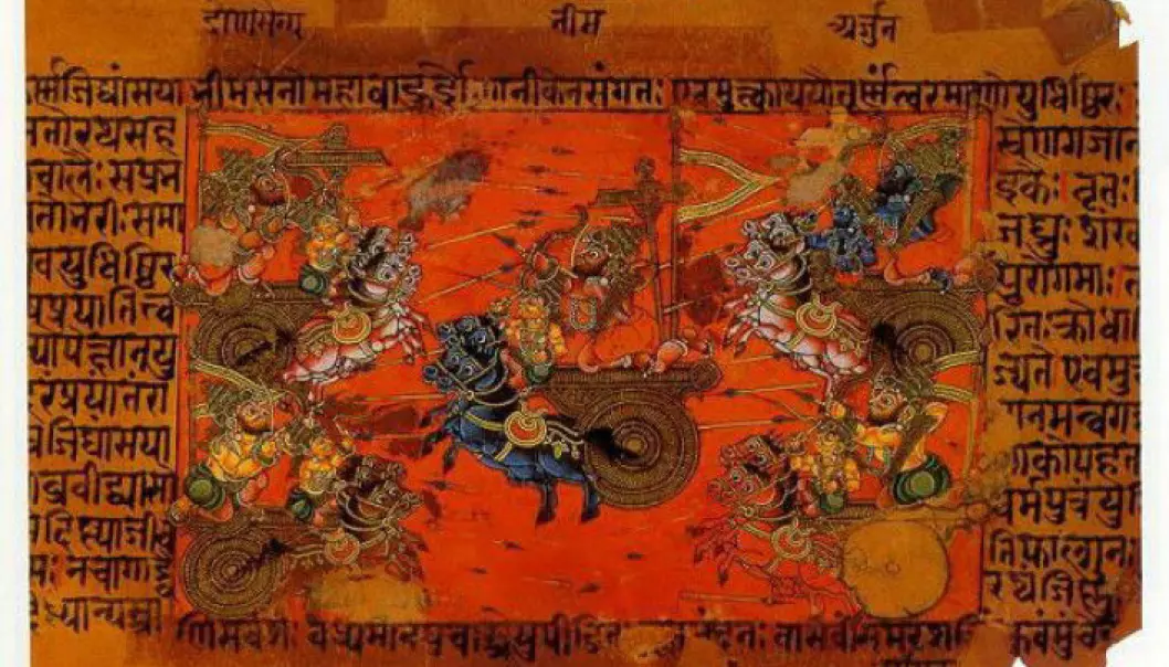 En krigsscene fra den indiske fortellingen Mahabharata. Det er skrevet på språket sanskrit som er flere tusen år gammelt. (Bildet: Wikimedia Commons, fri bruk)