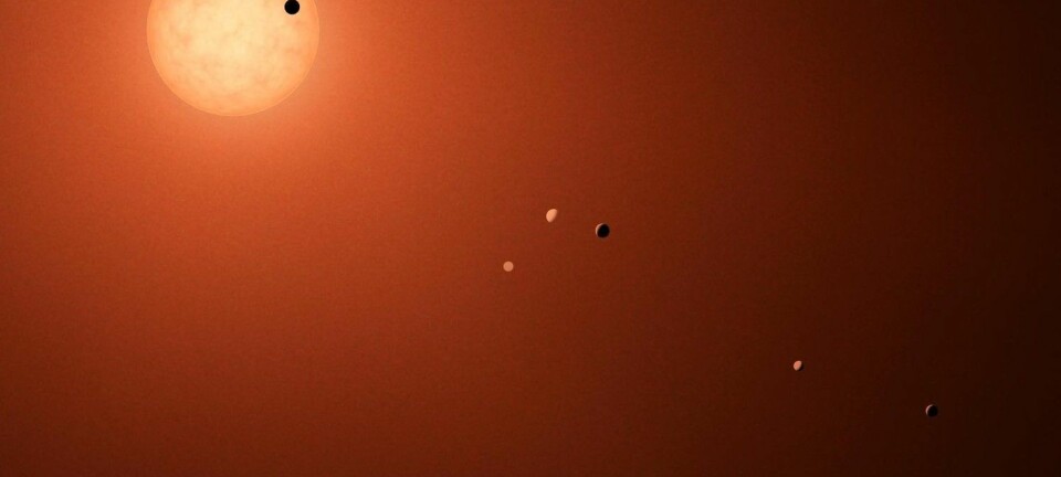 Foreløpig heter de bare 1b, 1c, 1d, 1e, 1f, 1g og 1h. Hva synes du de skal hete de sju planetene som sirkler rundt stjerna Trappist-1? (Illustrasjon: NASA/JPL-Caltech)