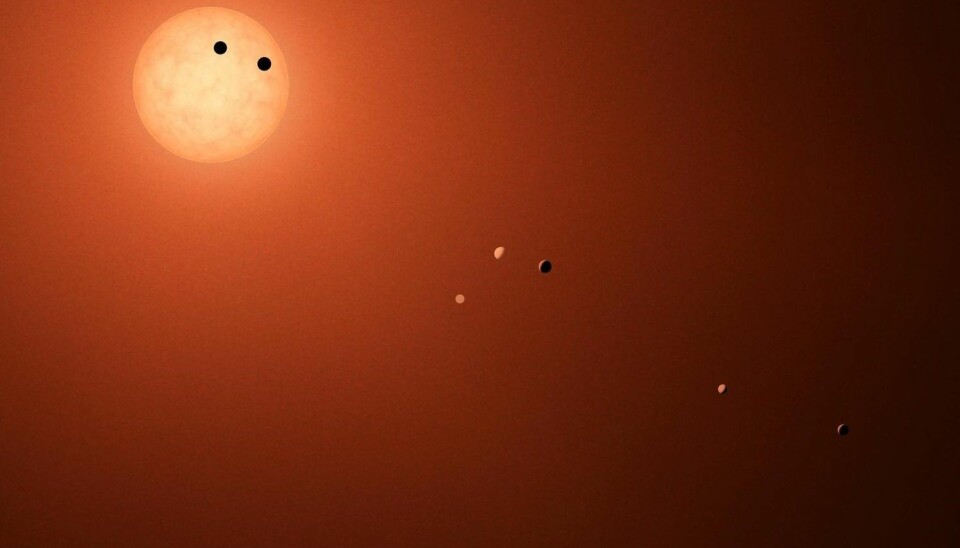 Foreløpig heter de bare 1b, 1c, 1d, 1e, 1f, 1g og 1h. Hva synes du de skal hete de sju planetene som sirkler rundt stjerna Trappist-1? (Illustrasjon: NASA/JPL-Caltech)