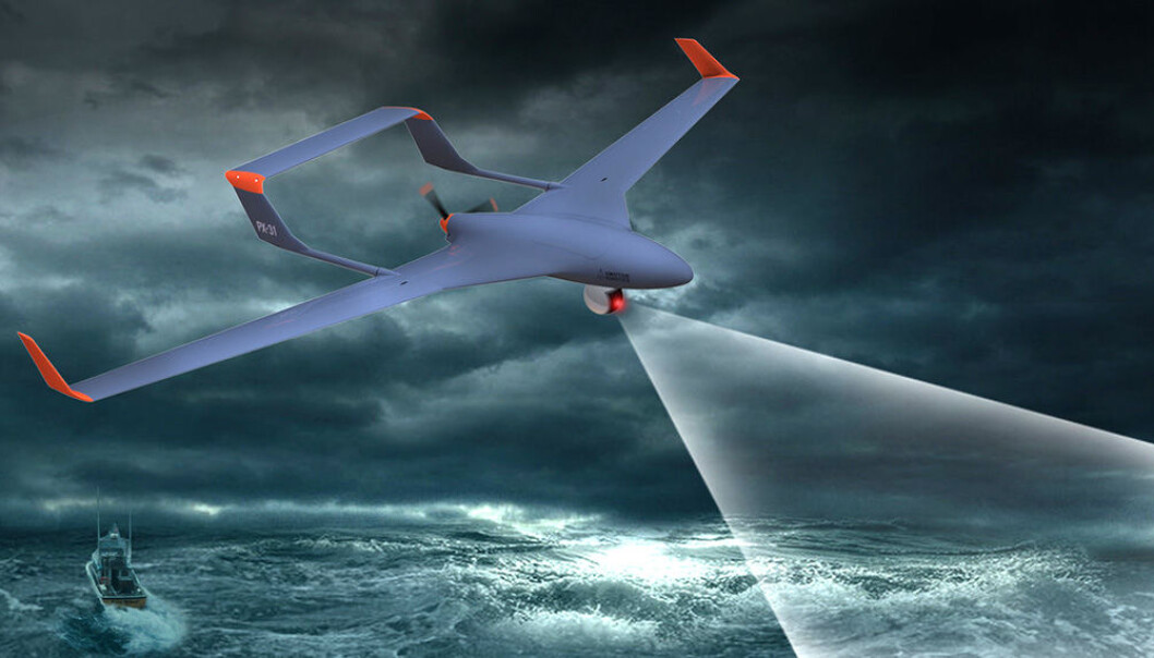 NTNU har utviklet en ny metode for å fange flyvende droner i fart. Metoden er aktuell for skip, oljeplattformer og andre plasser der fastvingedroner ikke kan lande. (Illustrasjon: Maritime Robotics AS) NTNU har utviklet en ny metode for å fange flyvende droner i fart. Metoden er aktuell for skip, oljeplattformer og andre plasser der fastvingedroner ikke kan lande. (Illustrasjon: Maritime Robotics AS)