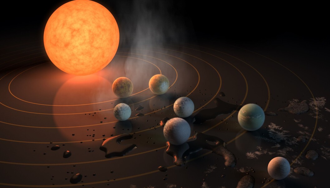 Illustrasjon som viser hvordan vann vil oppføre seg på de forskjellige planetene i TRAPPIST-1-systemet. (Ill.: NASA/JPL-Caltech) Illustrasjon som viser hvordan vann vil oppføre seg på de forskjellige planetene i TRAPPIST-1-systemet. (Ill.: NASA/JPL-Caltech)